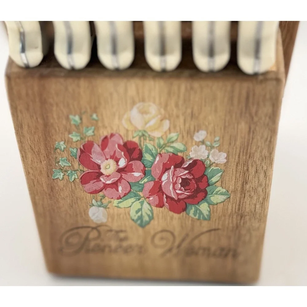 Vtg Pioneer Woman Floral 14-Piece Cutlery Kitchen Set Wood Block Retired #5617